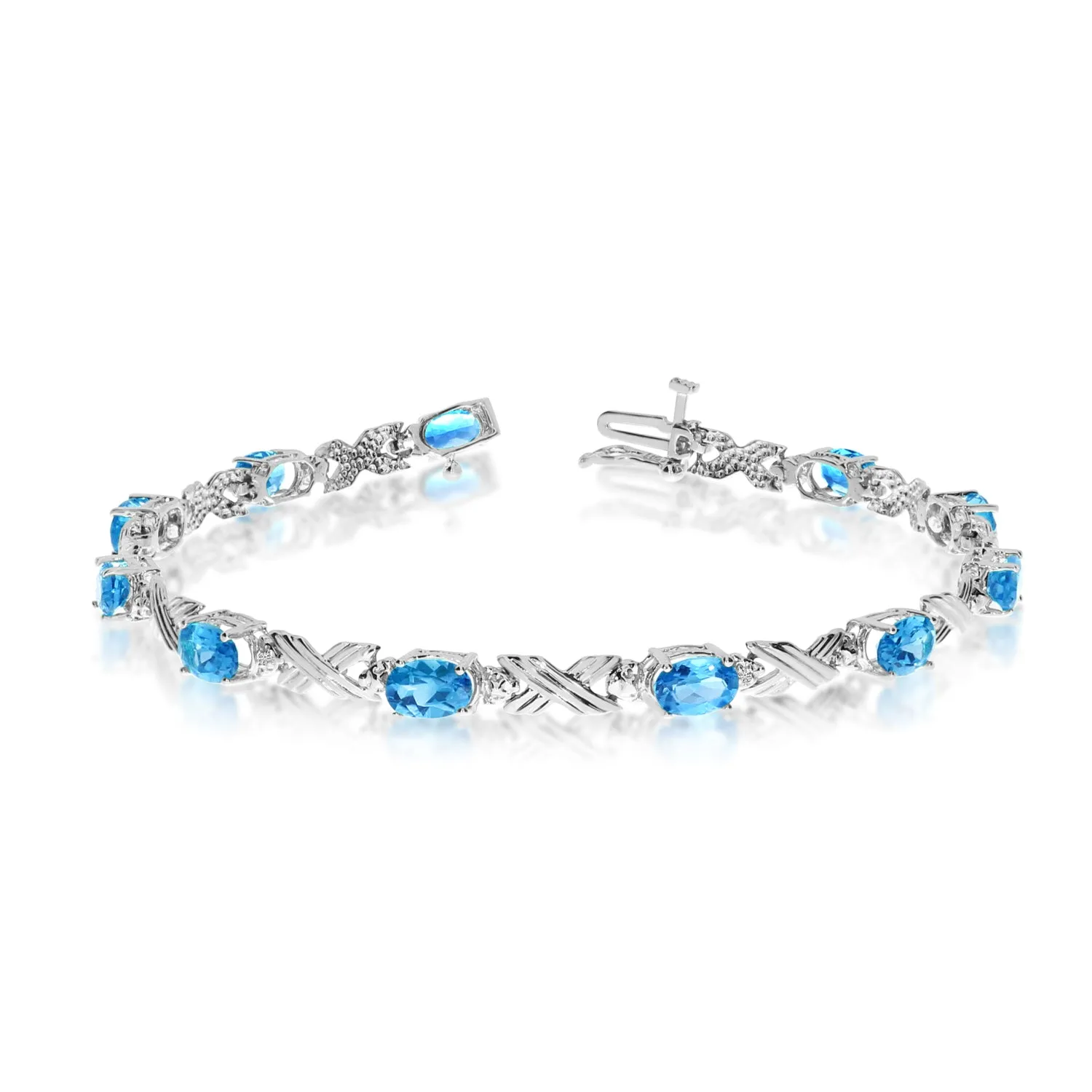 10K White Gold Oval Blue Topaz Stones And Diamonds Tennis Bracelet, 7"