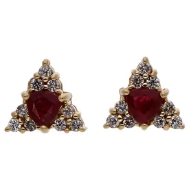 14K Yellow Gold Trillion Cut Ruby and Diamond Triangle Stud Earrings