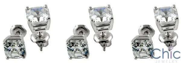 1.5 TCW Asscher Screw Back Cubic Zirconia CZ Earrings