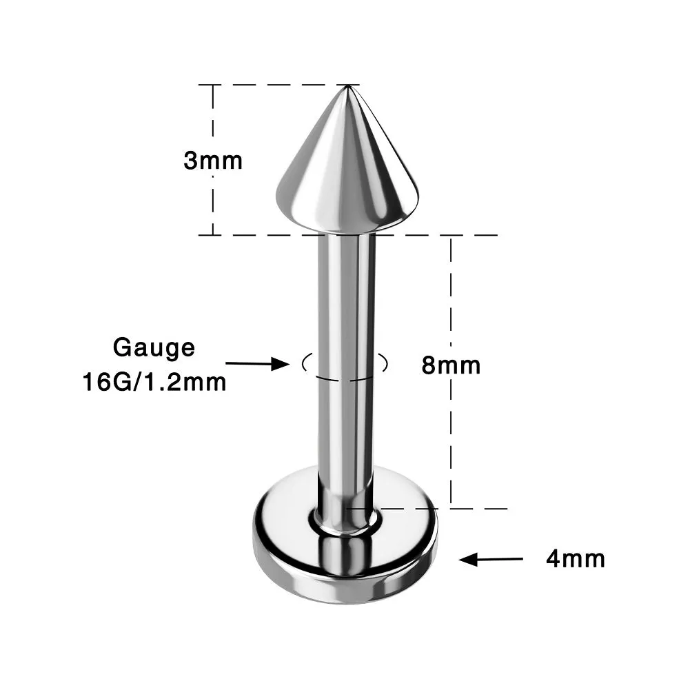 16G 8mm Titanium Internally Threaded Classic Spike Labret Stud