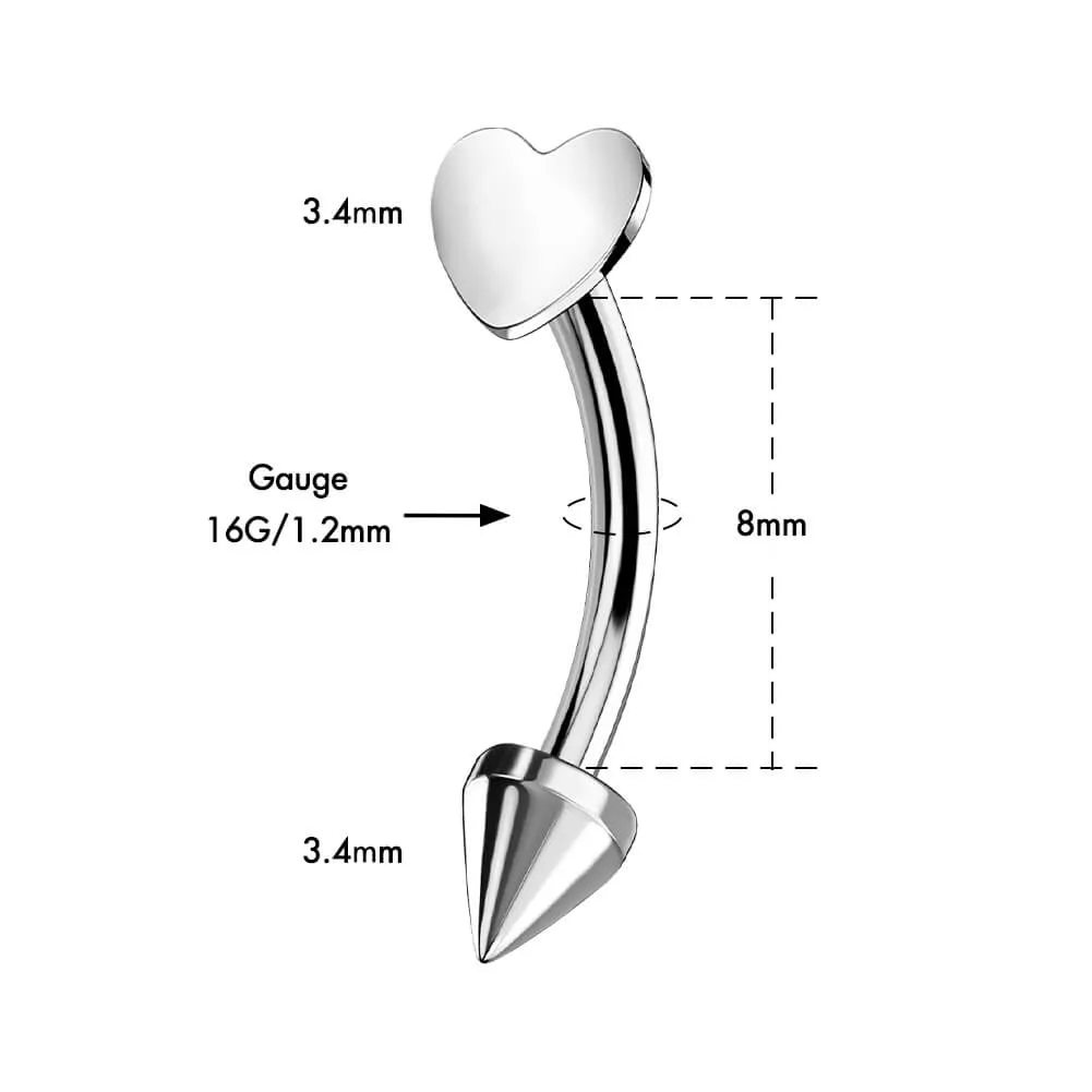 16G Titanium Flat Heart & Spike Eyebrow Rook Ring