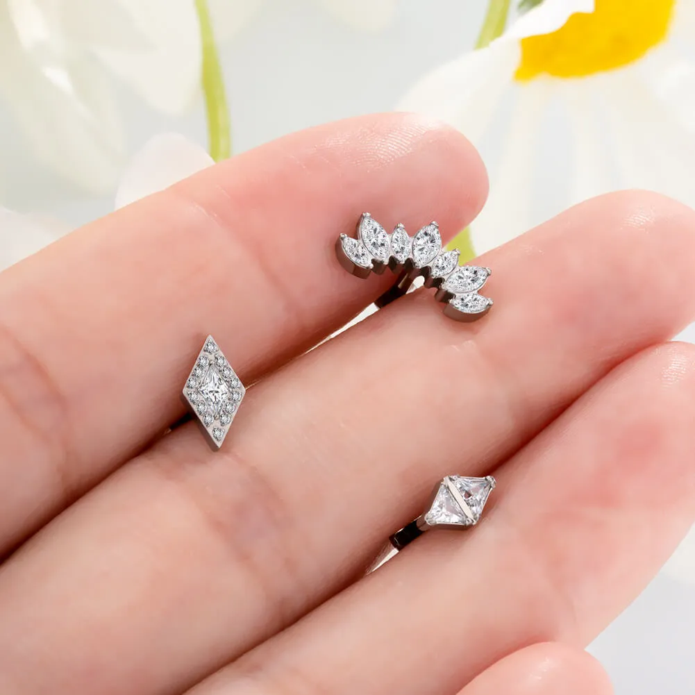 16G Titanium Internally Threaded Crystal CZ Spike Cartilage Stud Set