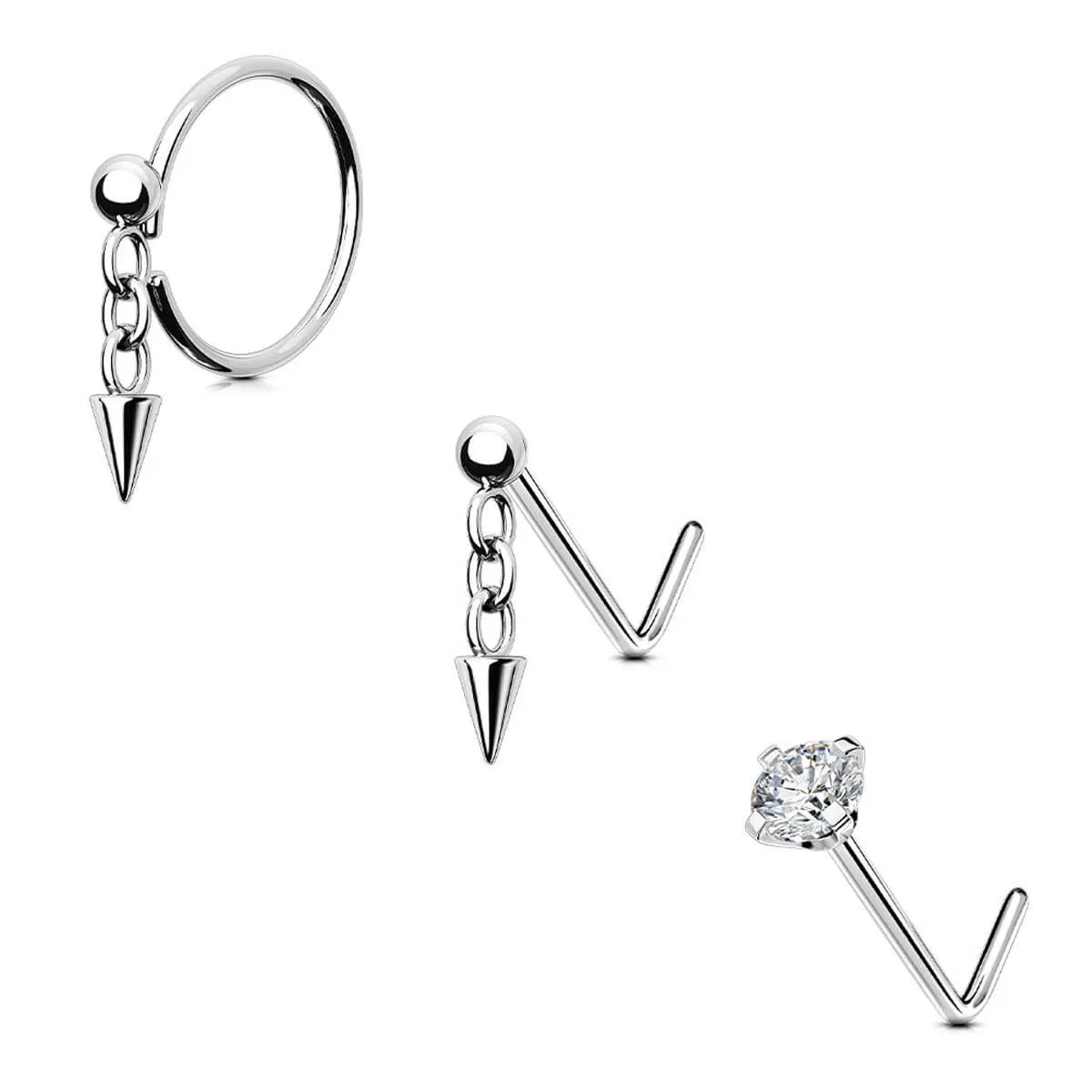 20G Spike/Clear CZ Nose Studs 3PCS