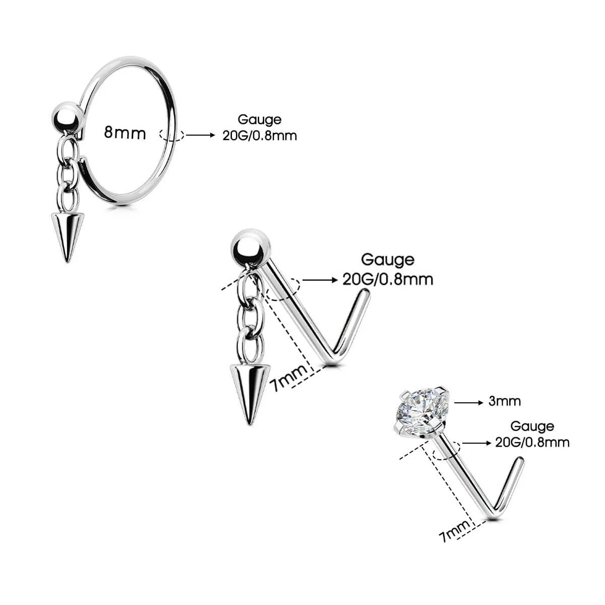 20G Spike/Clear CZ Nose Studs 3PCS