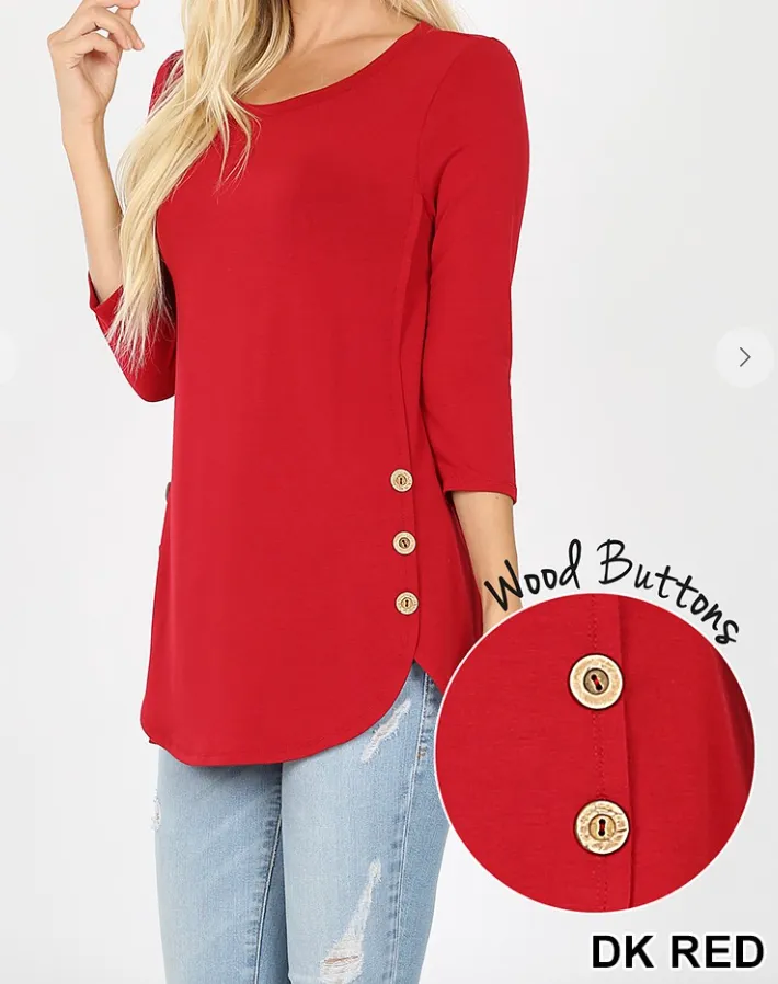 3/4 Sleeve Dolphin Hem W/Wooden Buttons - 4 Colors