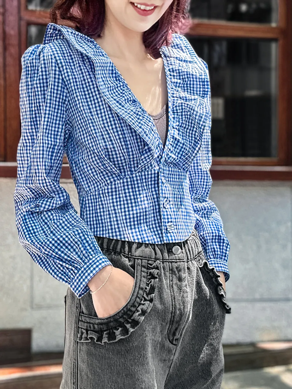 Blue Gingham Buttoned Waist Ruffles Crop Top