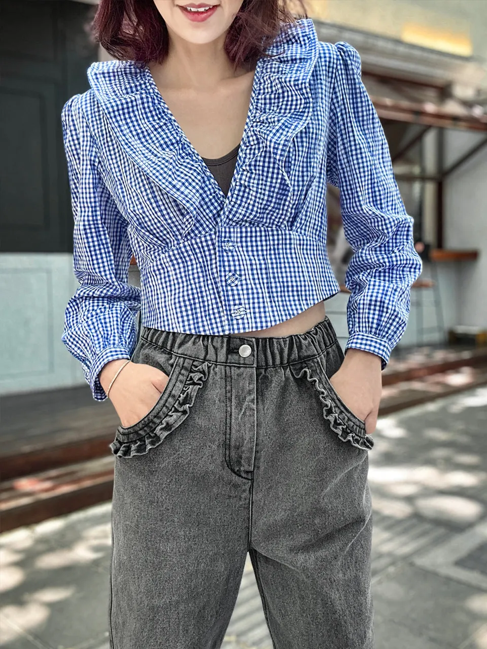 Blue Gingham Buttoned Waist Ruffles Crop Top