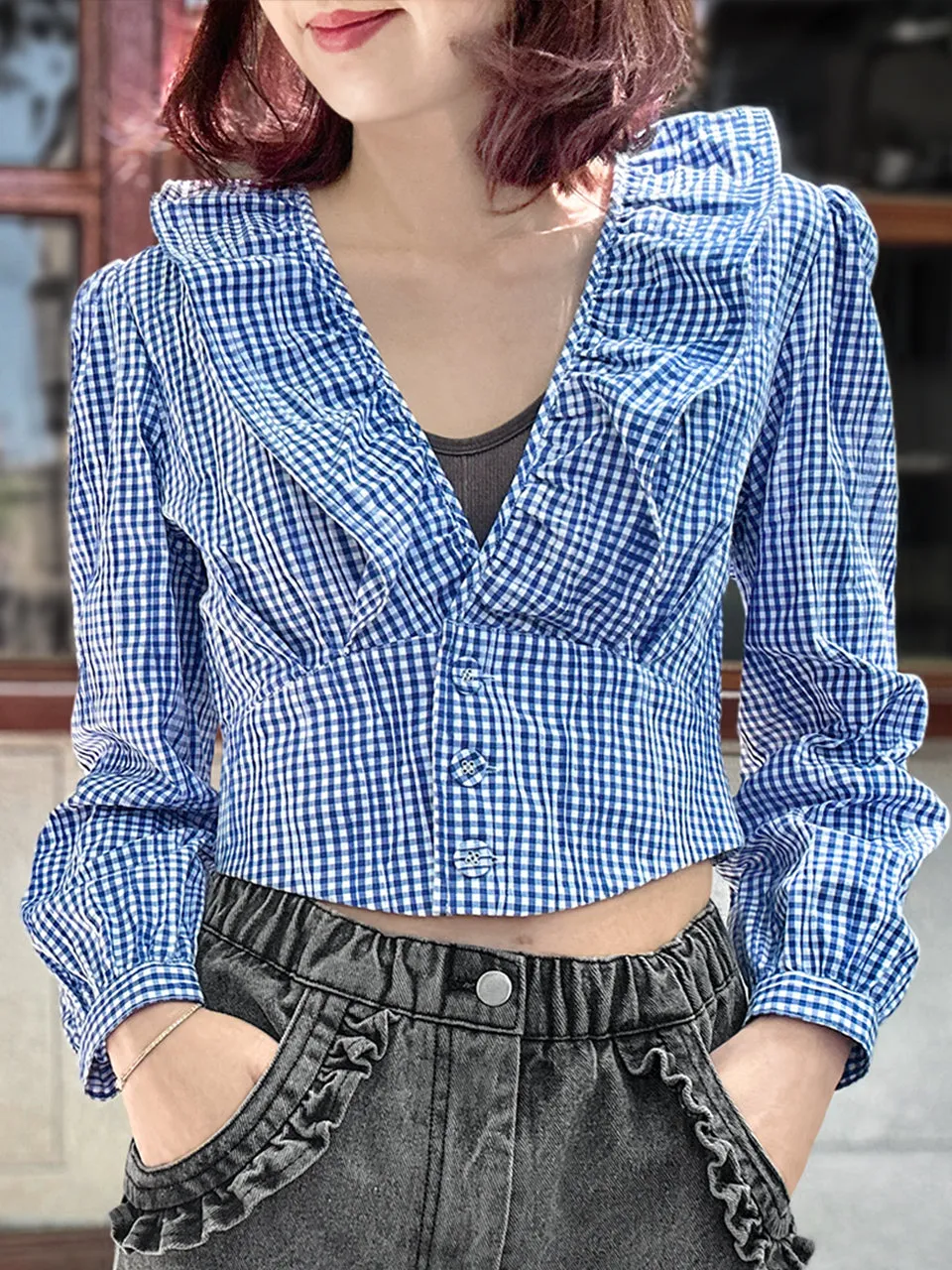 Blue Gingham Buttoned Waist Ruffles Crop Top