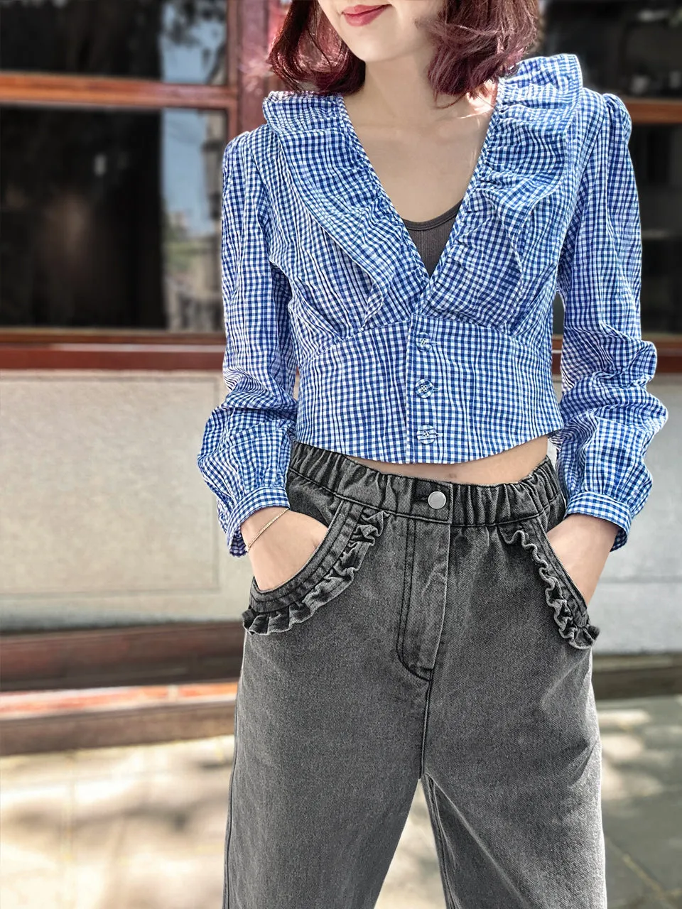 Blue Gingham Buttoned Waist Ruffles Crop Top