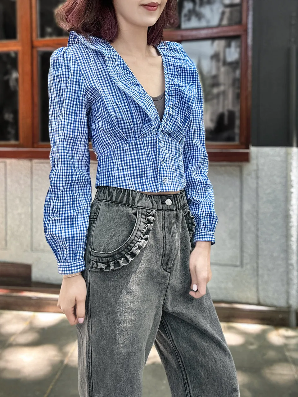 Blue Gingham Buttoned Waist Ruffles Crop Top