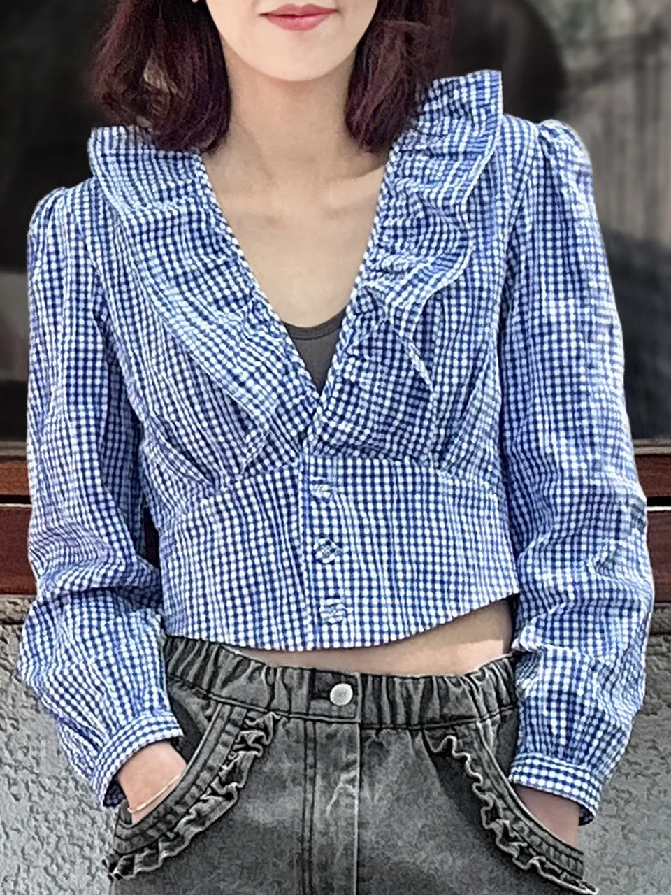 Blue Gingham Buttoned Waist Ruffles Crop Top