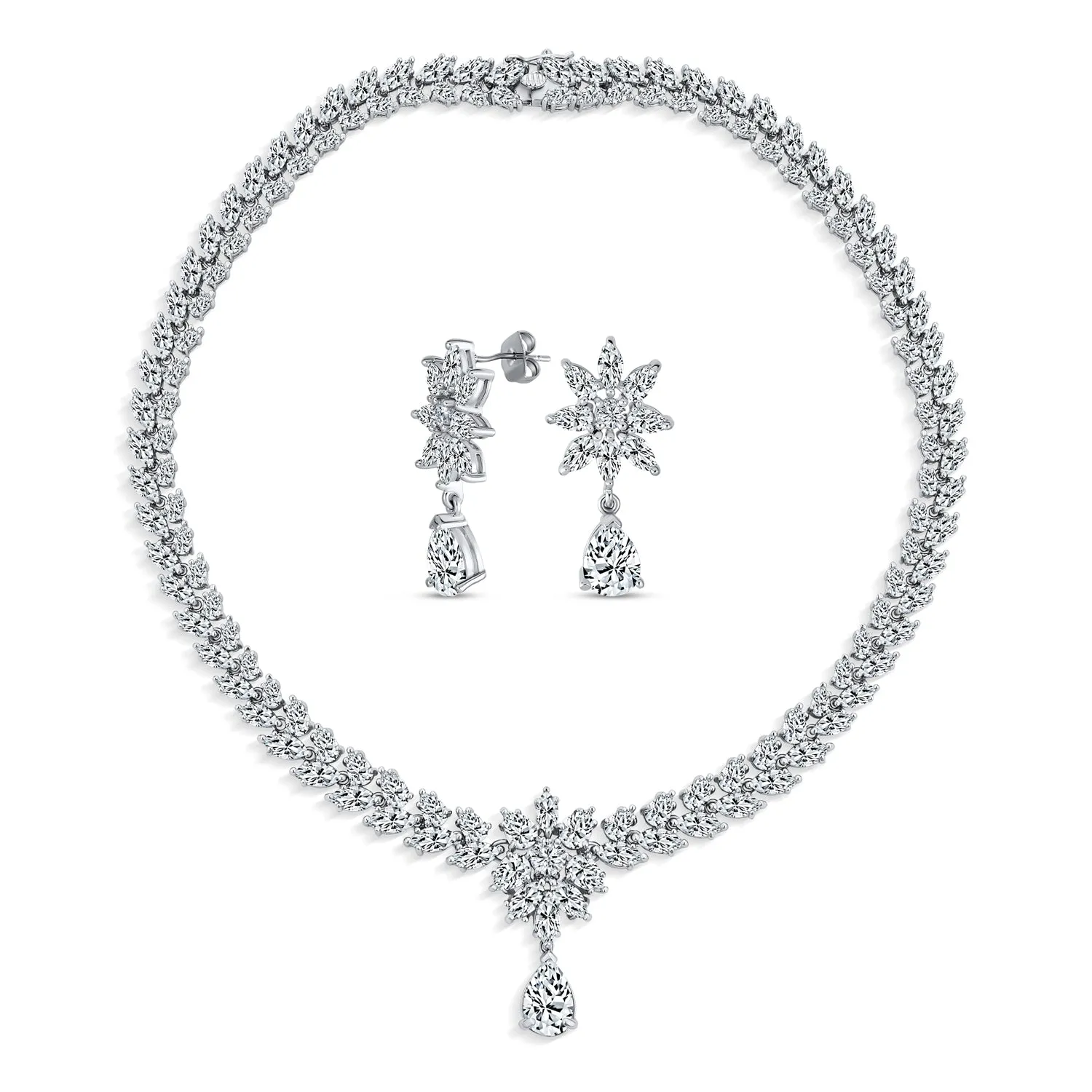 Bridal Jewelry Set Vintage Art Deco CZ Statement Teardrop Necklace & Earrings