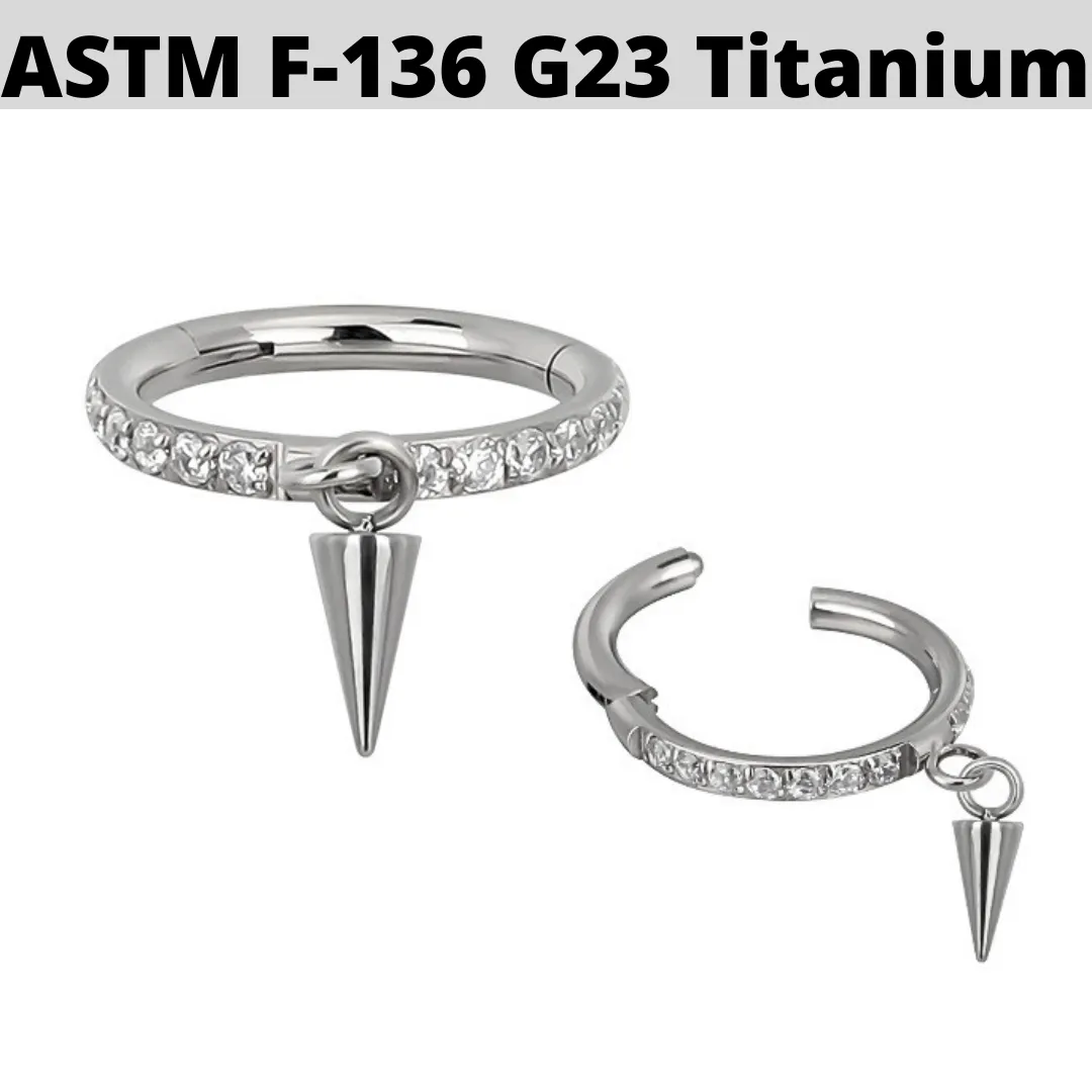 G23 Titanium CZ Paved Dangle Cone Hinged Clicker Segment Ring