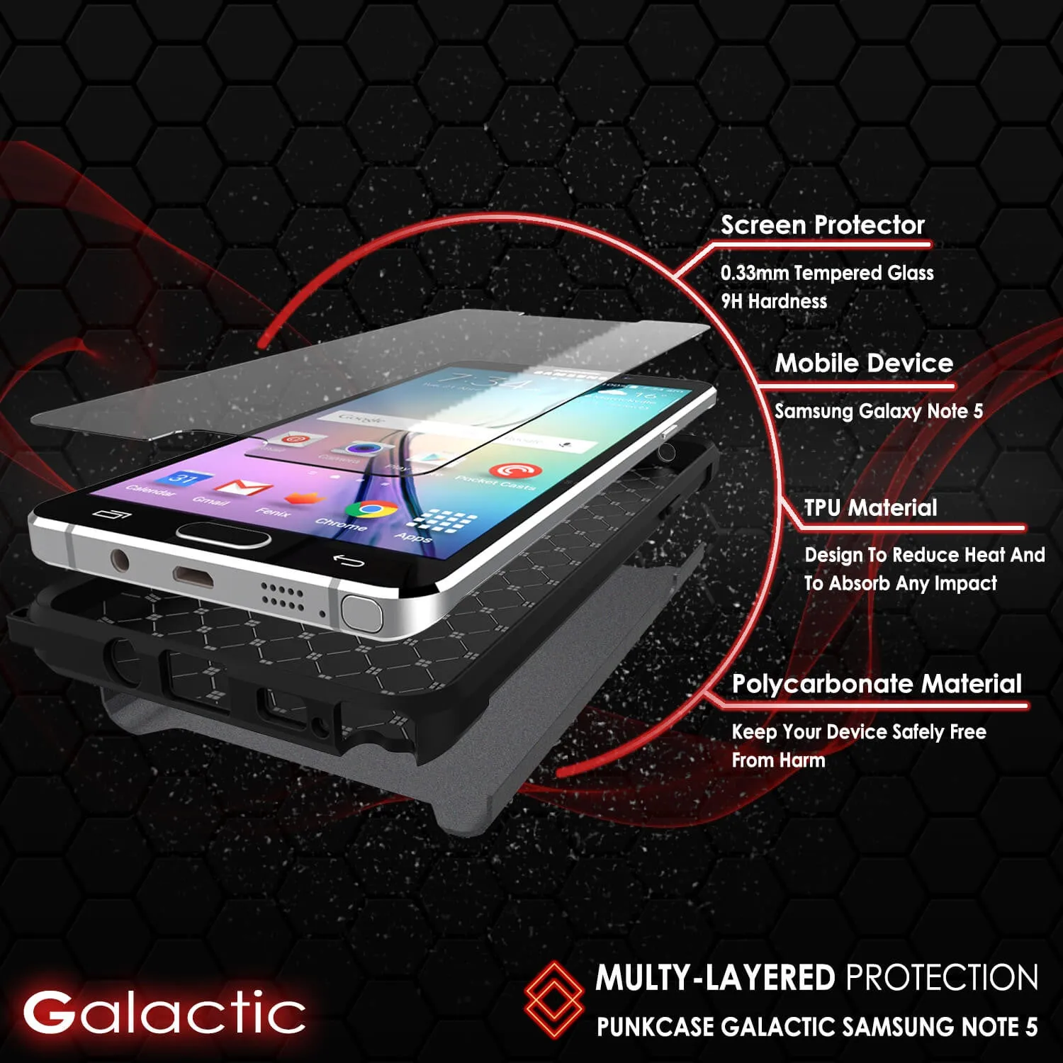 Galaxy Note 5 Case PunkCase Galactic Black Series Slim Armor Soft Cover Case w/ Tempered Glass