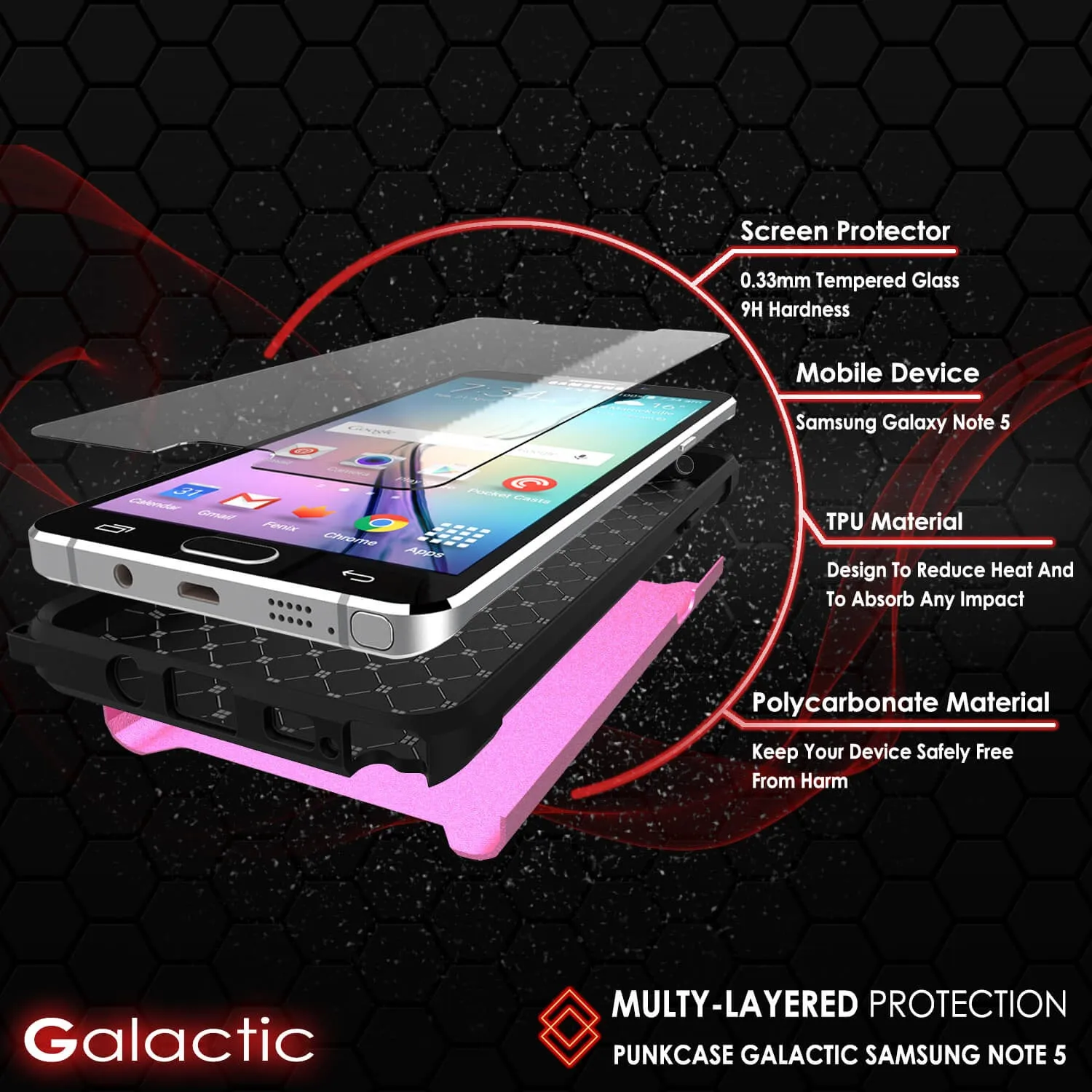 Galaxy Note 5 Case PunkCase Galactic Pink Series Slim Armor Soft Cover Case w/ Tempered Glass