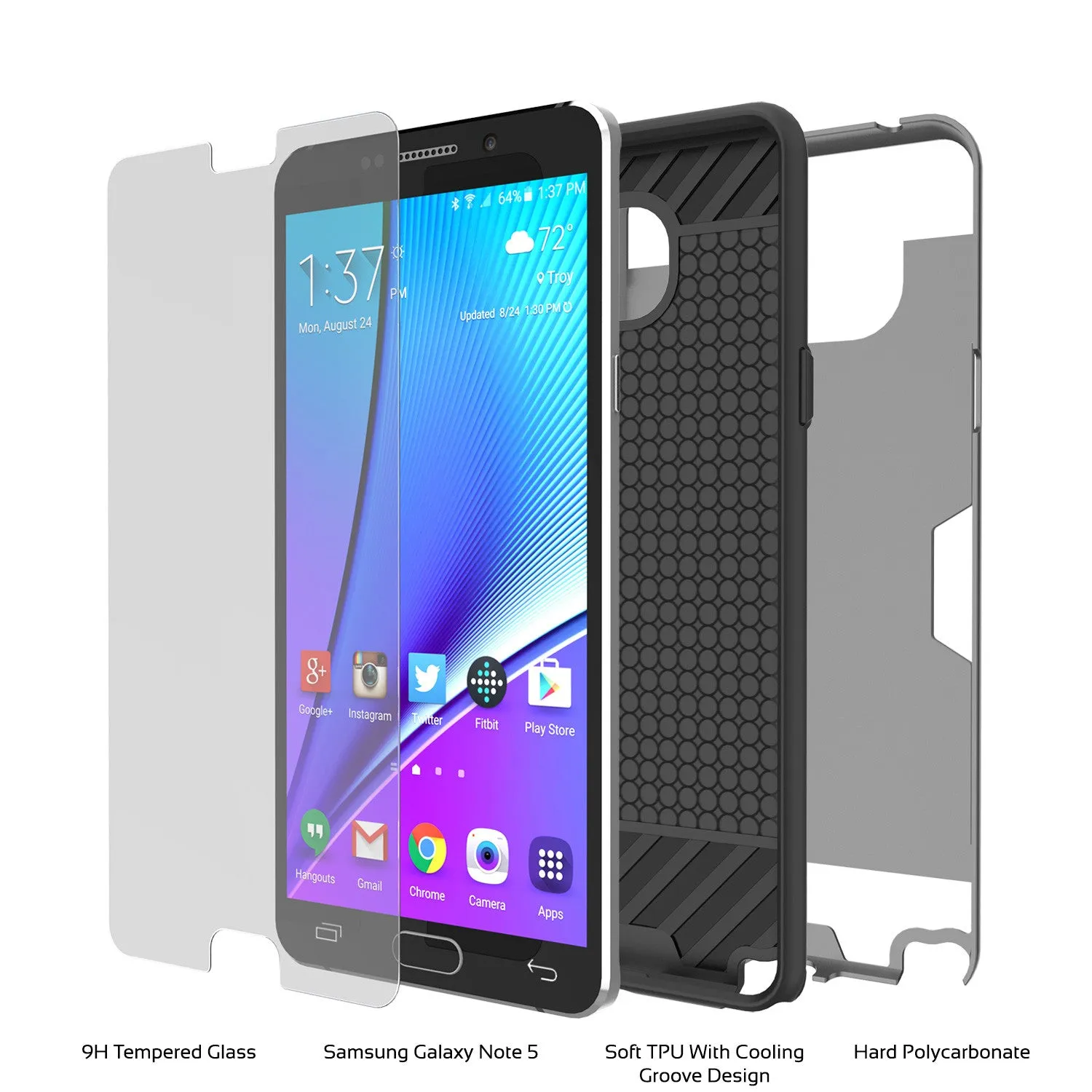 Galaxy Note 5 Case PunkCase SLOT Grey Series Slim Armor Soft Cover Case w/ Tempered Glass