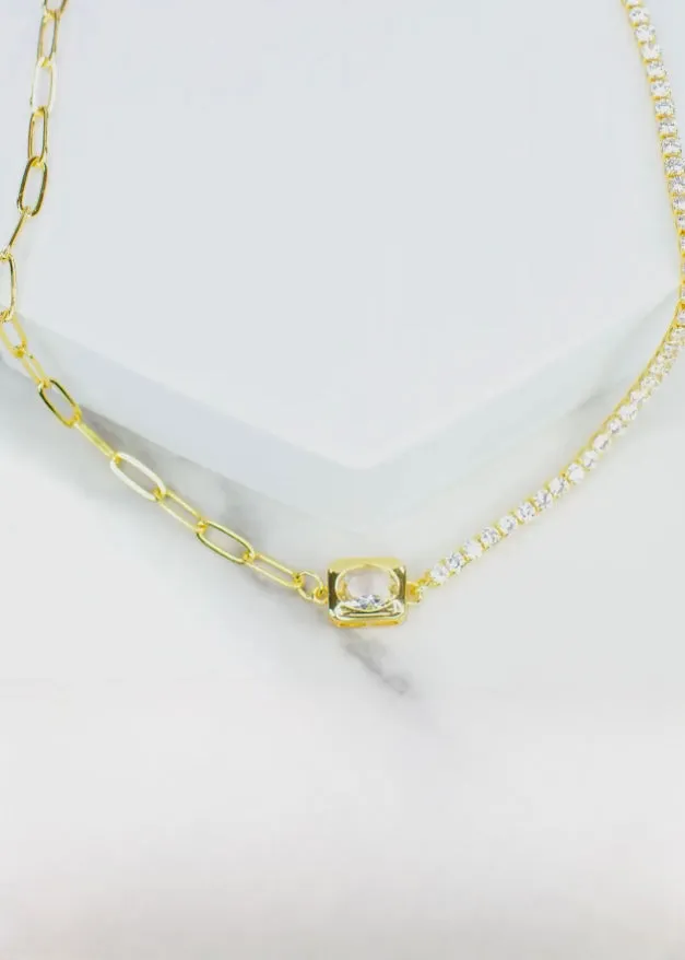 Gold Paper Clip Tennis Necklace