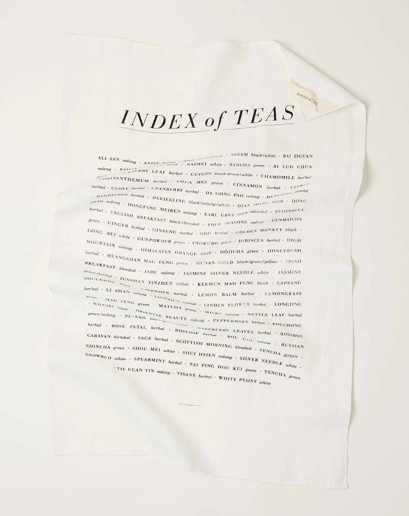 Index of Teas Tea Towel