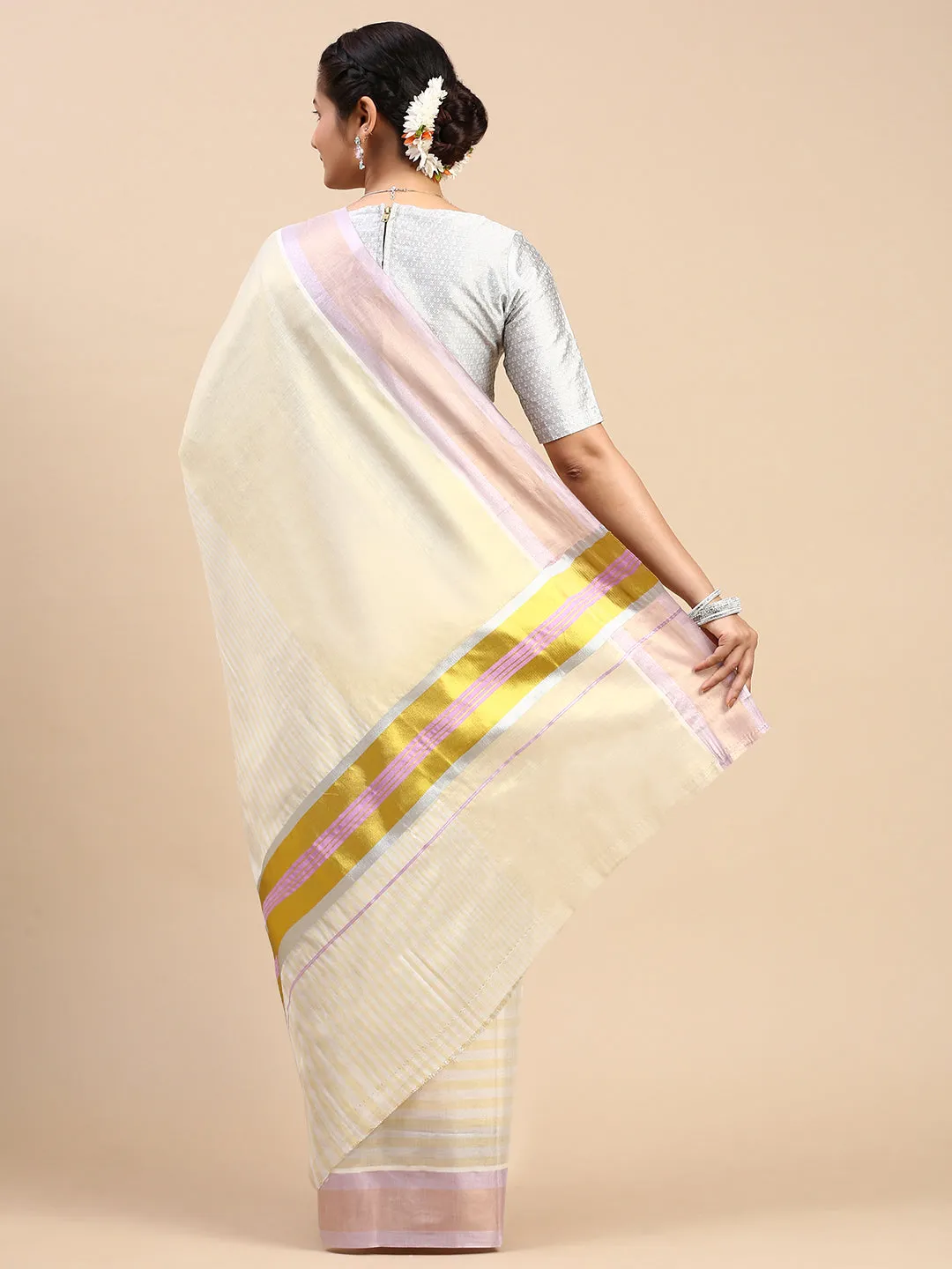 Kerala Cream Gold Jari Weaving Saree KS126