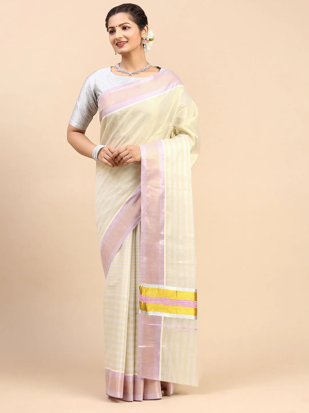 Kerala Cream Gold Jari Weaving Saree KS126