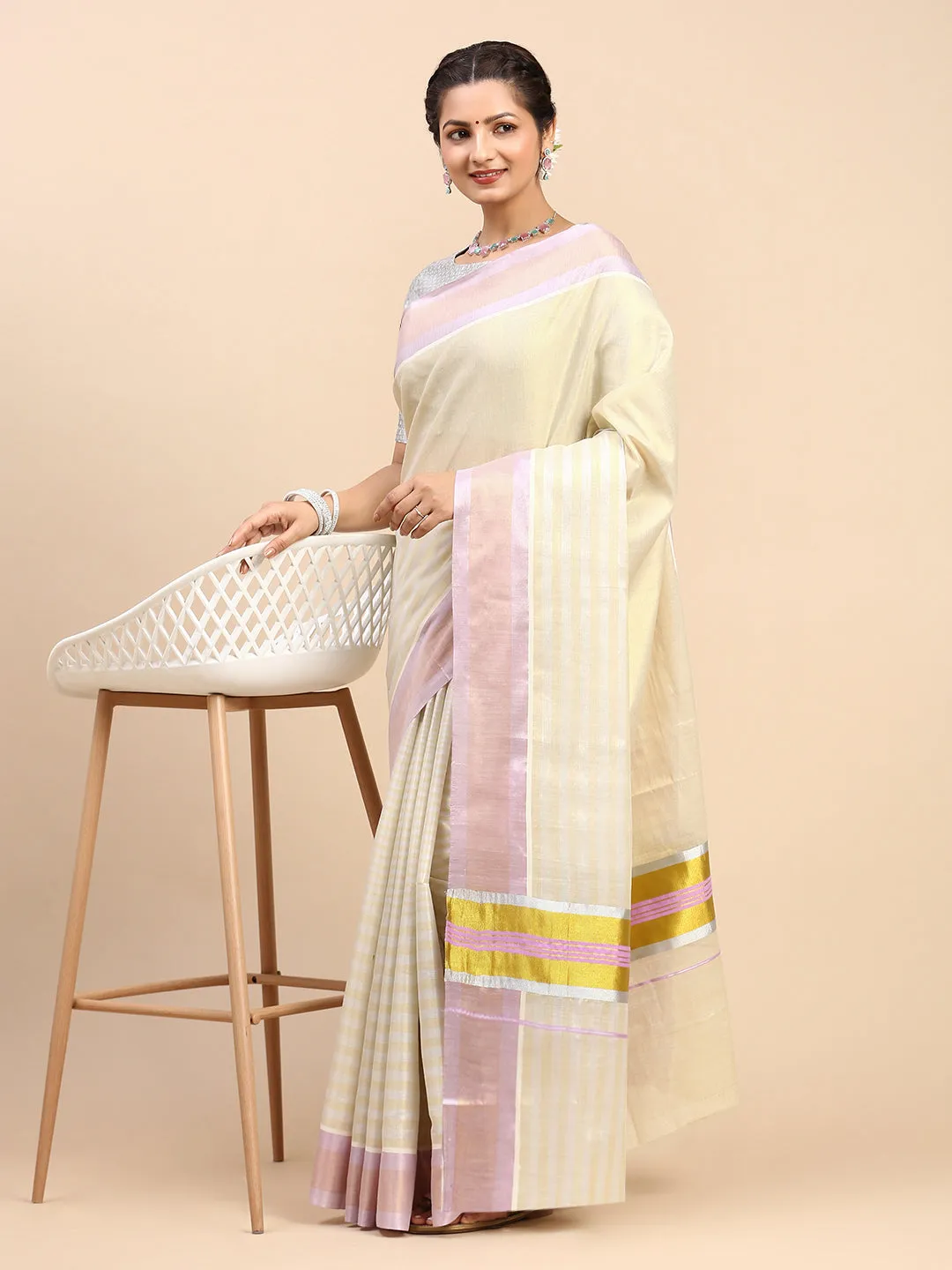 Kerala Cream Gold Jari Weaving Saree KS126