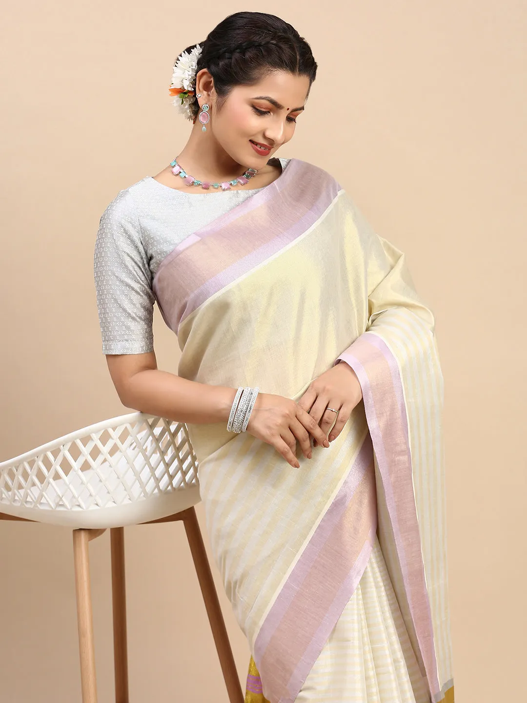 Kerala Cream Gold Jari Weaving Saree KS126