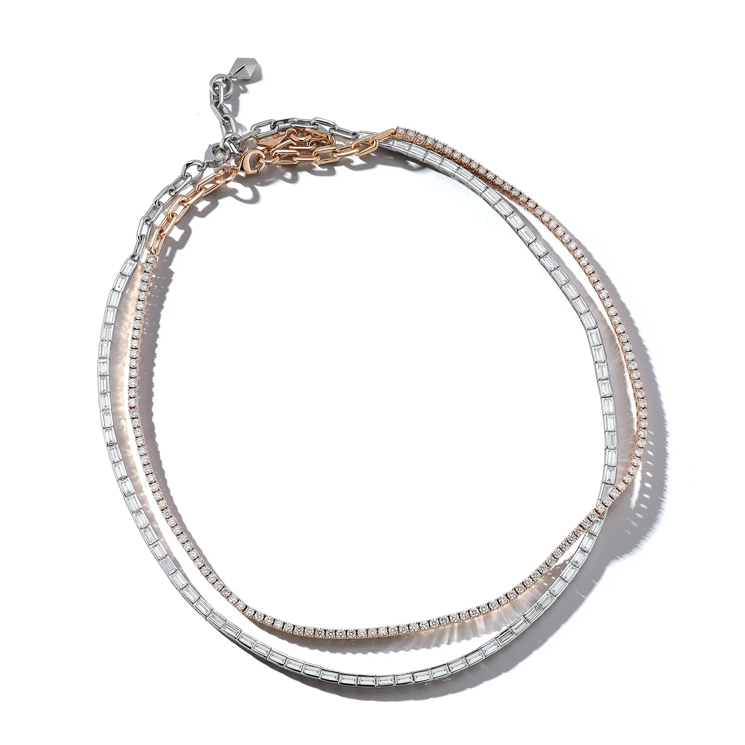 KEYNES 18K WHITE GOLD AND BAGUETTE DIAMOND TENNIS NECKLACE