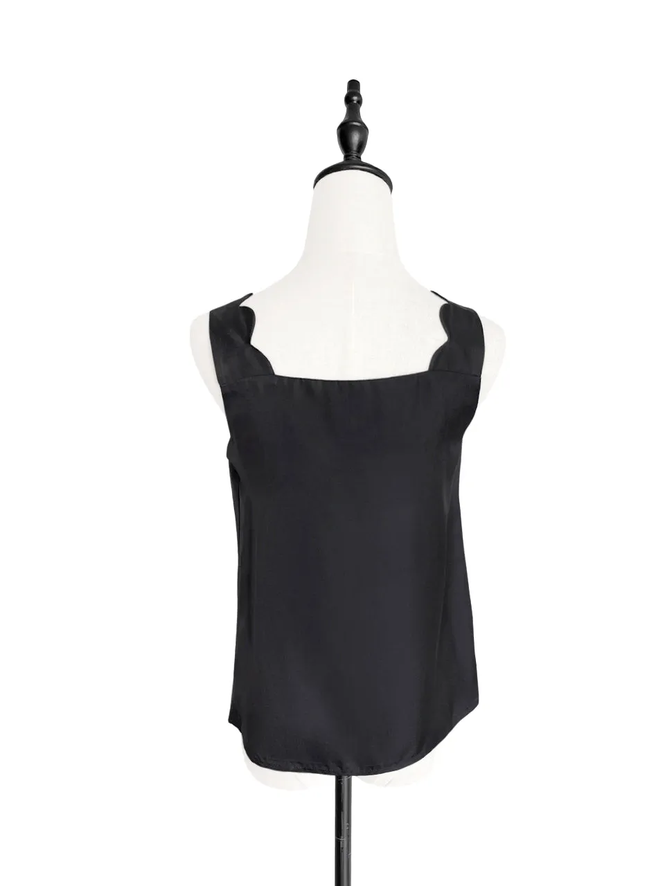 Last Chance! Classy Black Silk Scallop Detail Square Neck Tank