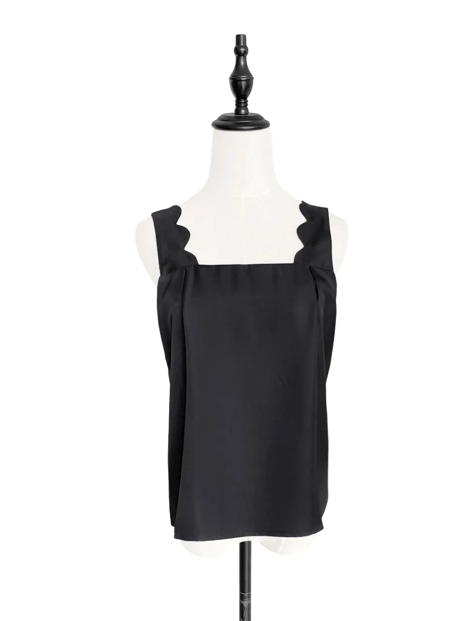 Last Chance! Classy Black Silk Scallop Detail Square Neck Tank