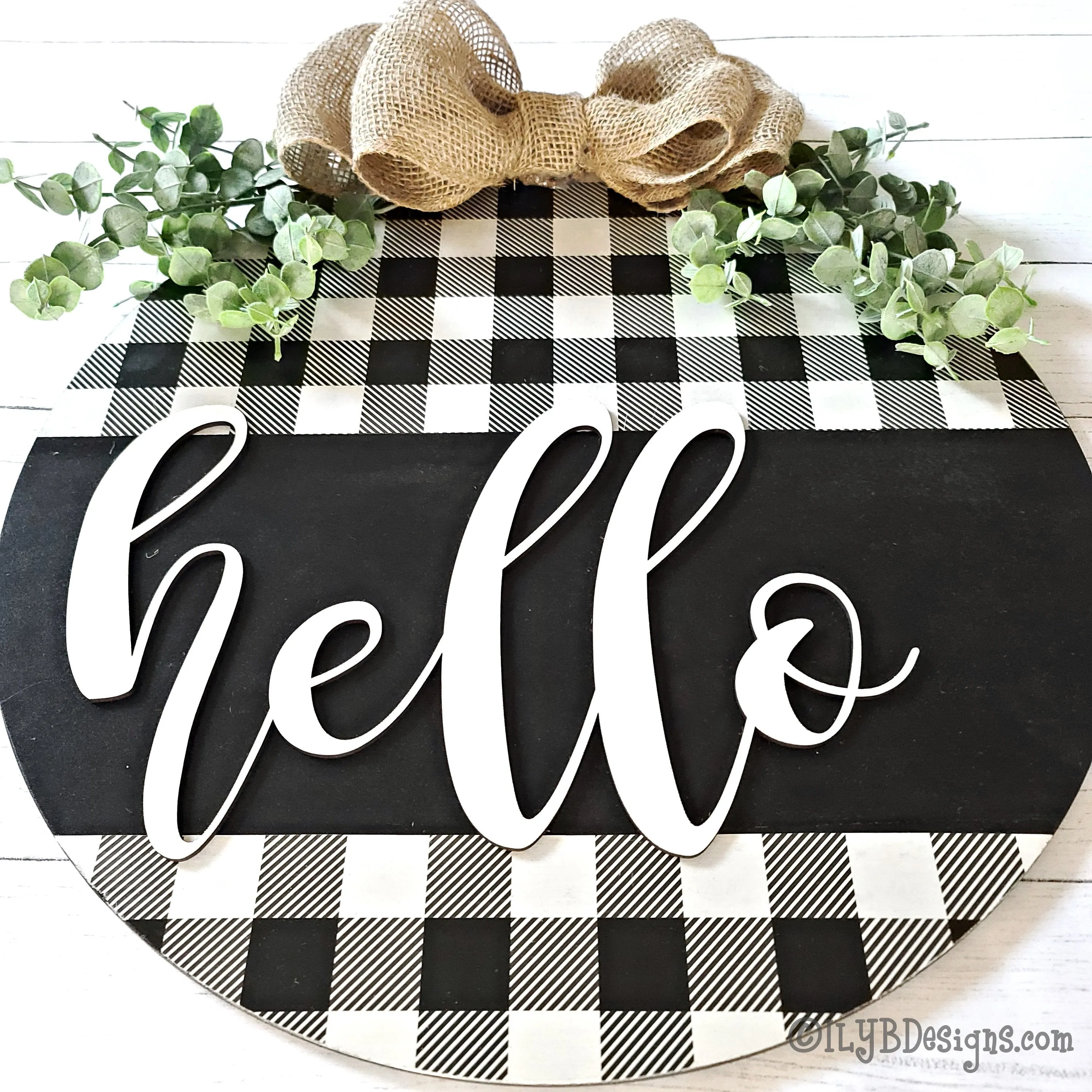 Round Hello Door Hanger | Black Buffalo Plaid Sign