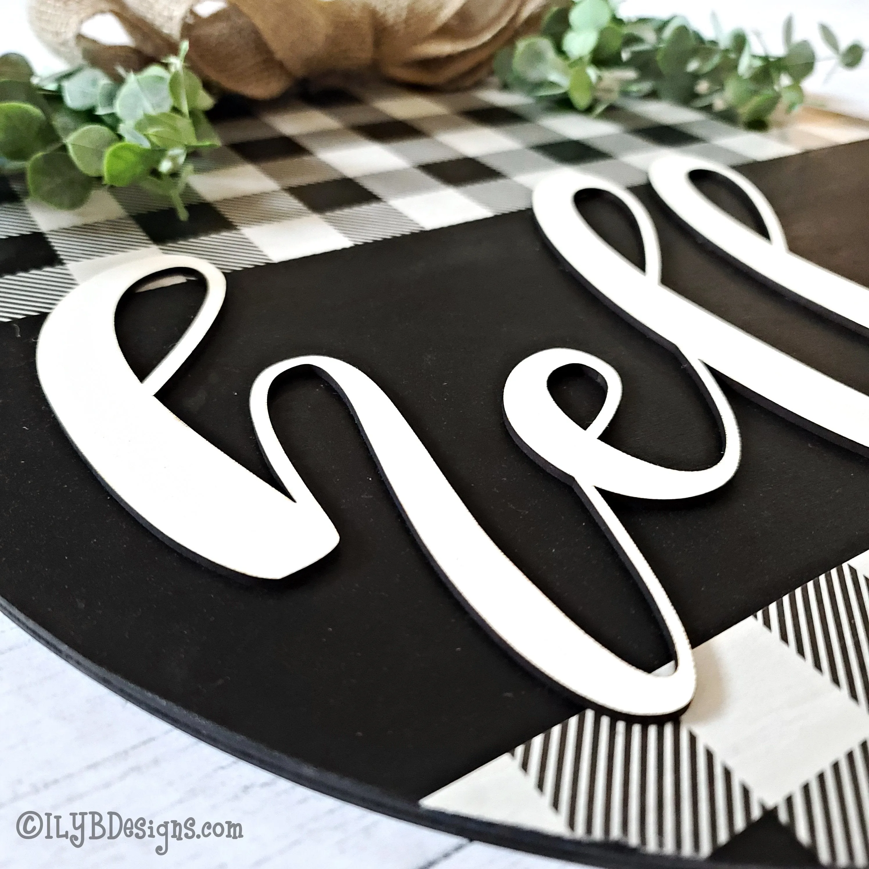 Round Hello Door Hanger | Black Buffalo Plaid Sign