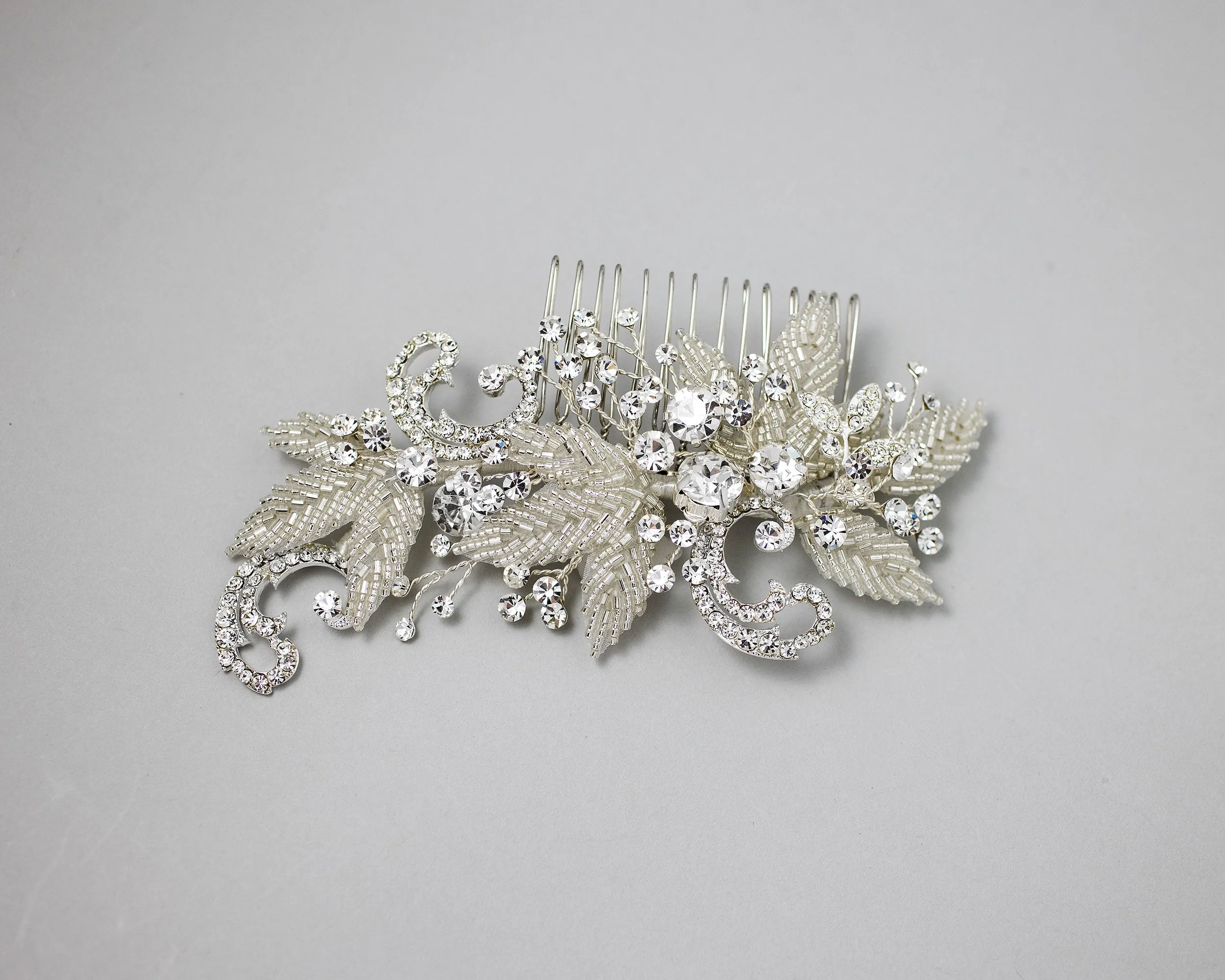 Silver Beaded Leaves and Crystal Scrolls Wedding Hair Comb