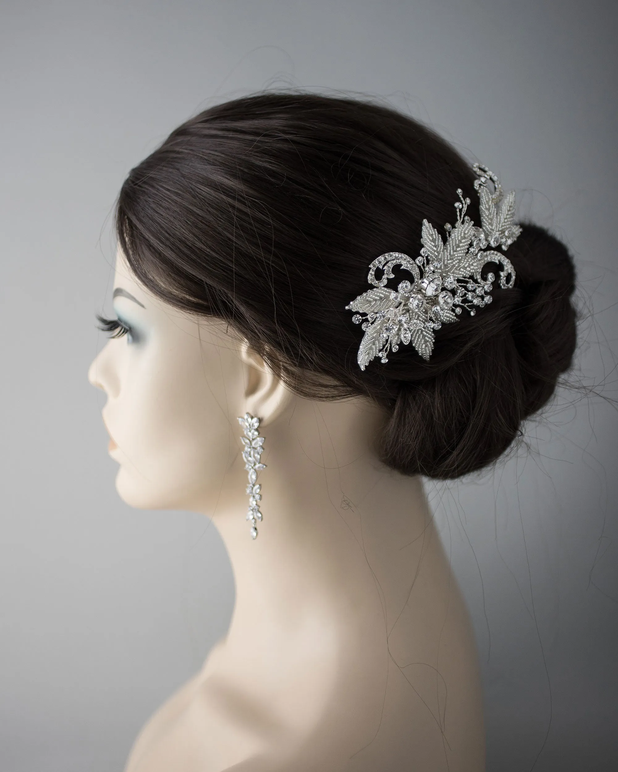 Silver Beaded Leaves and Crystal Scrolls Wedding Hair Comb