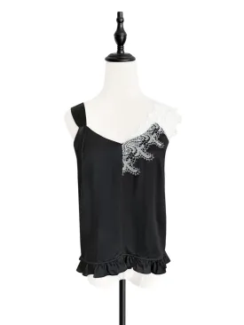 SPECIAL! Classic Black Asymmetrical Lace Strap Ruffle Hem Silk Tank