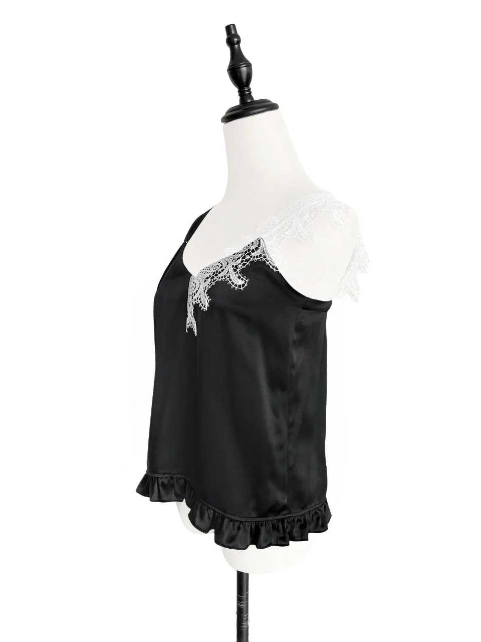 SPECIAL! Classic Black Asymmetrical Lace Strap Ruffle Hem Silk Tank