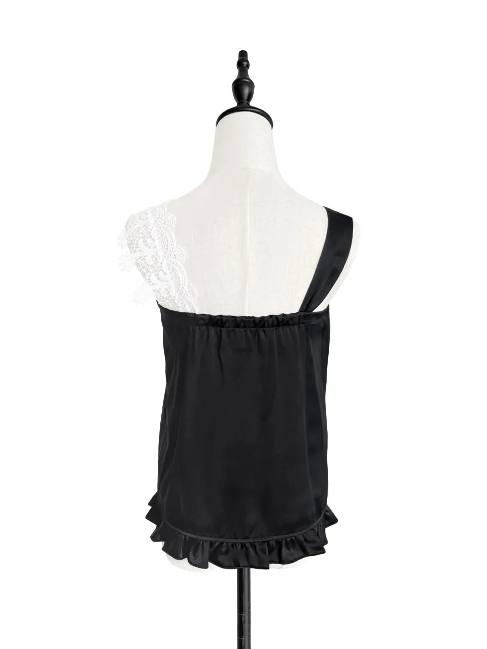 SPECIAL! Classic Black Asymmetrical Lace Strap Ruffle Hem Silk Tank