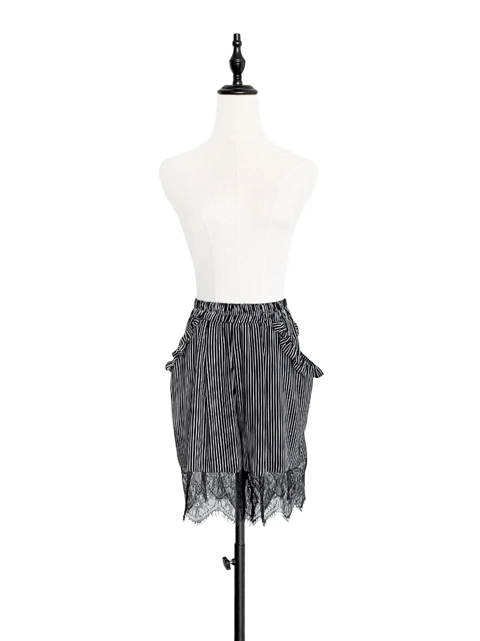 Surprise Sale! Mono Stripe Ruffle Pocket Lace Hem Drapey Silk Shorts