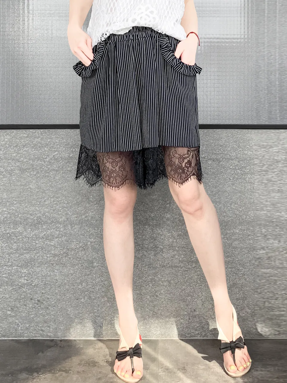 Surprise Sale! Mono Stripe Ruffle Pocket Lace Hem Drapey Silk Shorts