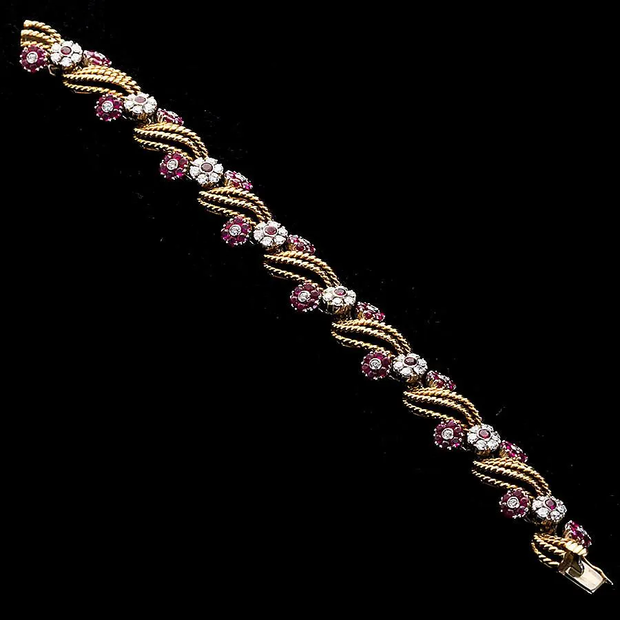 Twirled Gold Diamond and Ruby Florets Bracelet