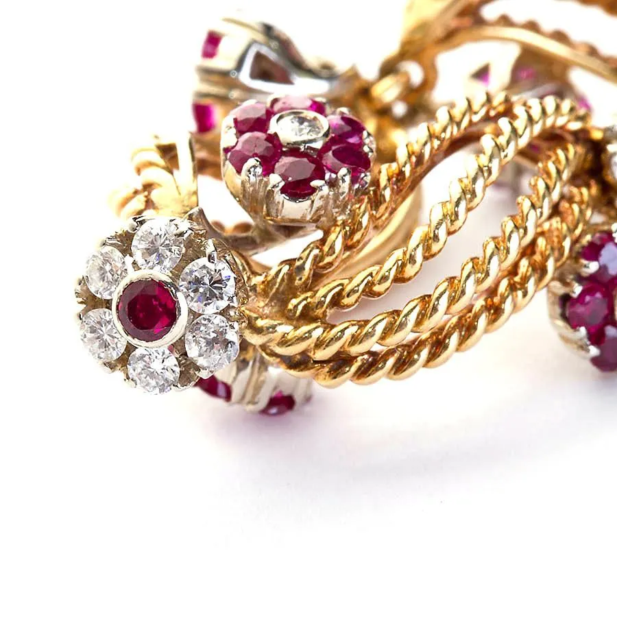 Twirled Gold Diamond and Ruby Florets Bracelet