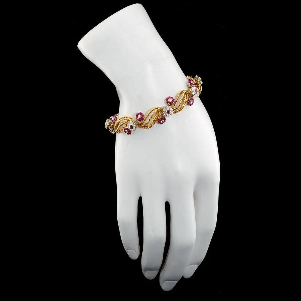 Twirled Gold Diamond and Ruby Florets Bracelet