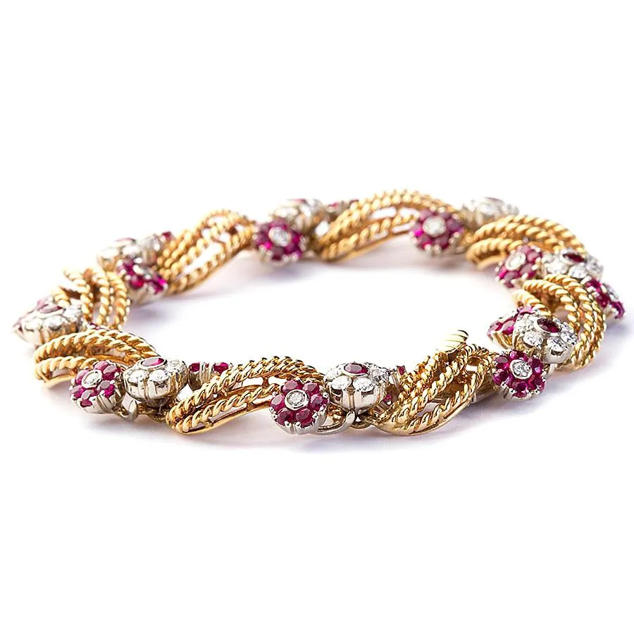 Twirled Gold Diamond and Ruby Florets Bracelet