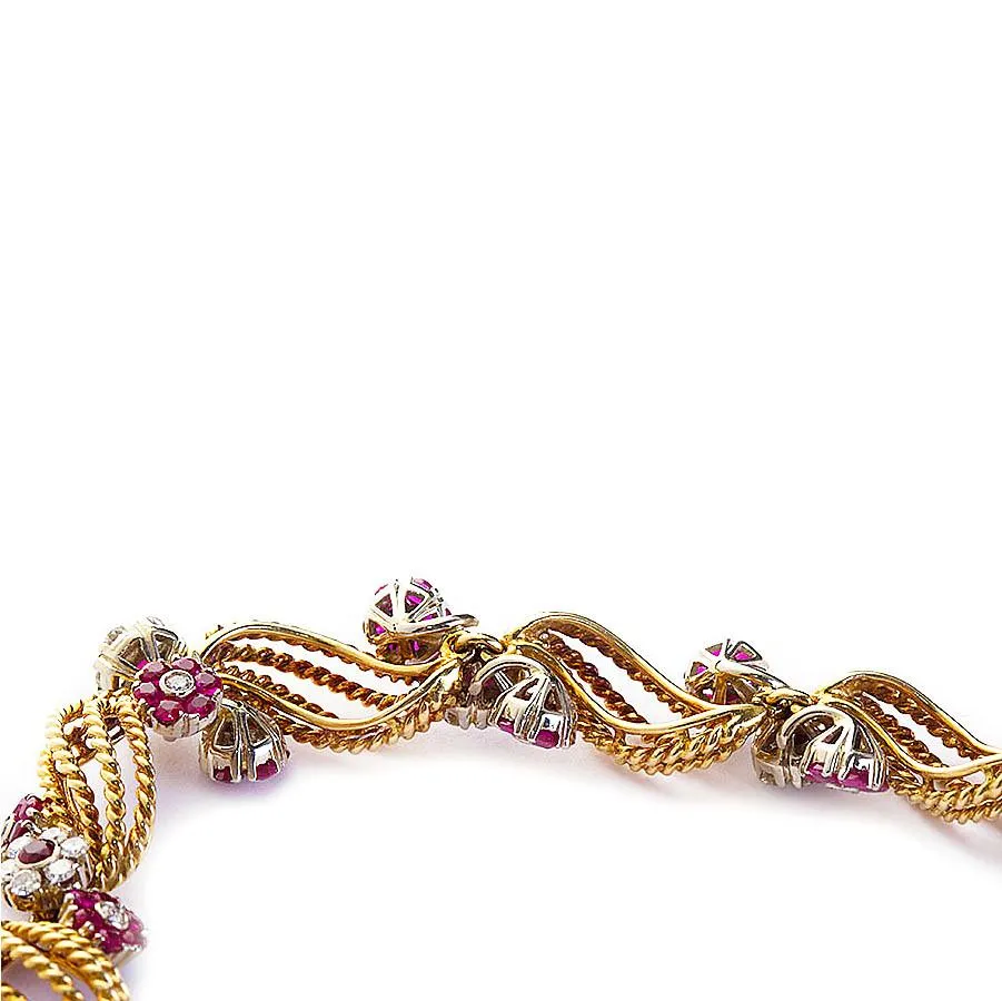 Twirled Gold Diamond and Ruby Florets Bracelet