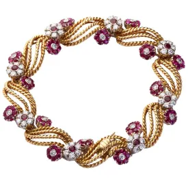 Twirled Gold Diamond and Ruby Florets Bracelet