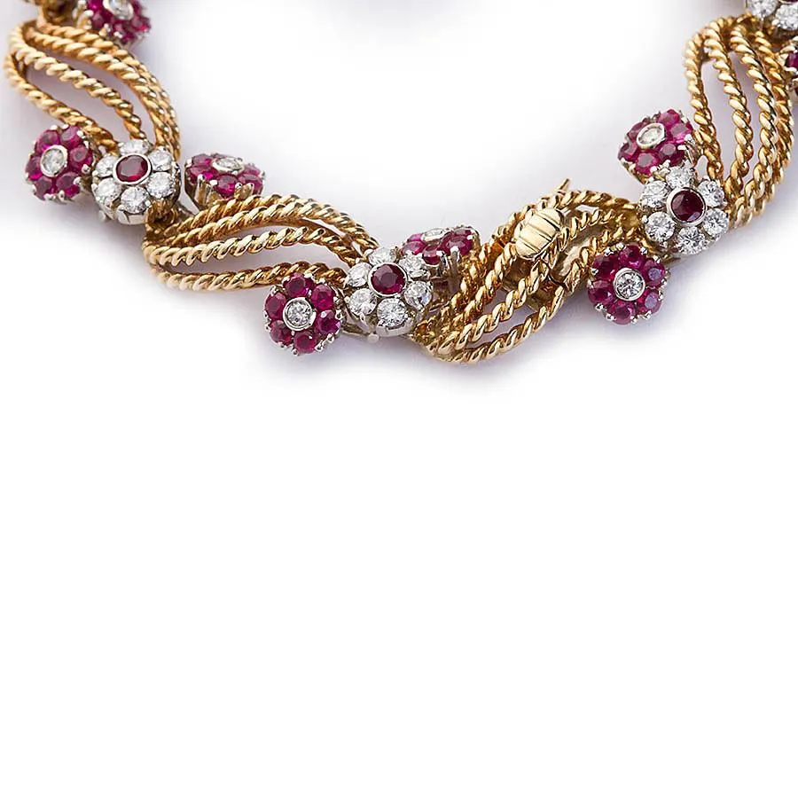 Twirled Gold Diamond and Ruby Florets Bracelet